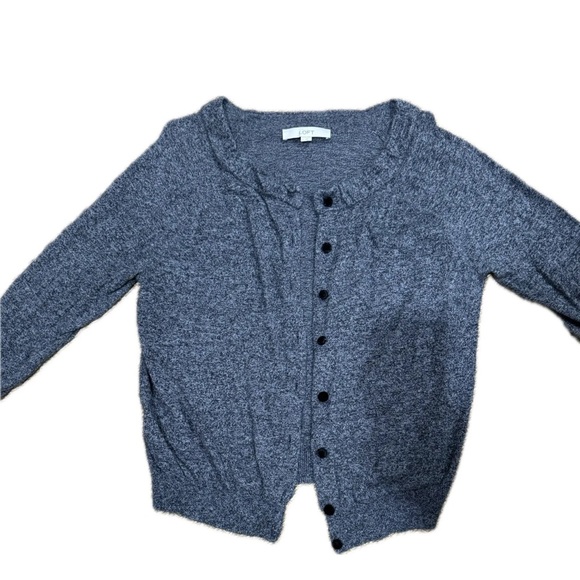 LOFT Womens Cardigan Sweater Round Neck Velour Buttons Marled Grey- Large - Picture 2 of 6